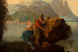 Hátul a második hátsó szoba, tárgyaló, falfestmények klasszikus stílusú vidéki jelenetekkel, valószínűleg 1810 körül, 5. jelenet alkotó: Belgian School