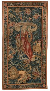 Gobelin, Sibylla Europa (az egyik a hat szibilla készletéből, amelyek 46.134-től 45.139-ig terjednek), „The Rothamsted Tapestries” néven. Made in Flandria, Tournai vagy Brüsszel, Belgium, 1530 körül (gyapjú) alkotó: Belgian School