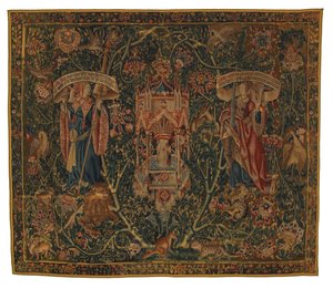 Gobelin, Sibylla Libya és Europa (egye a hat szibilla készletének, 46.134-46.139-ből), az úgynevezett „Rothamsted Tapestries”, készült Flandriában, Tournaiban vagy Brüsszelben, Belgiumban, 1530 körül (gyapjú) alkotó: Belgian School