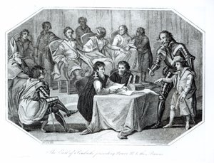 Pembroke grófja bemutatja III. Henriket (1207-72) a báróknak, 1216-ban, Saunders által metszett alkotó: Benezach