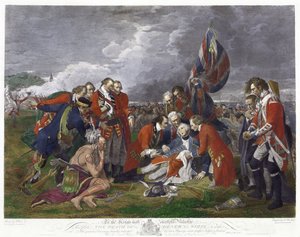Wolfe tábornok halála" Benjamin West festménye után. James Wolfe (1727-1759) brit hadseregparancsnok, halálosan megsebesült a franciák felett aratott győzelem során a Québecben, az Ábrahám-fennsíki csatában. Hétéves háború Kanada Franciaország
