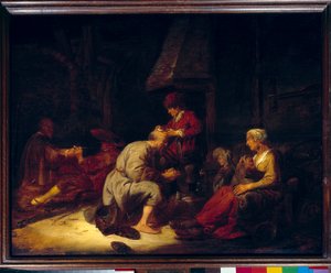 A műtét során egy nagyítós sebész fejét operálja meg az egyik páciensét. Benjamin Gerritsz Cuyp festménye