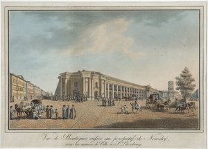 Nevsky Prospekt (perspektíva Nevski) a Nagy Gostiny Dvor és a városi duma közelében Szentpéterváron - Benjamin Paterssen (1748-1815). Rézkarc, akvarell, 1802 után. Szentpétervári Állami Történeti Múzeum alkotó: Benjamin Patersson