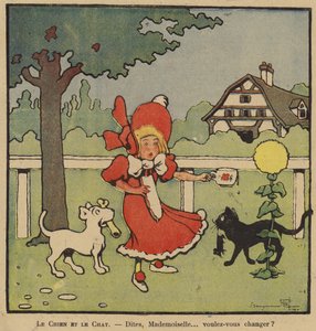 Rajzfilm egy lányról, aki a kutyája és a macskája és az egér közé szorult.