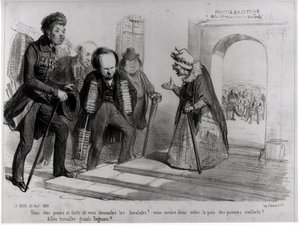 Dumas, Hugo és Balzac felvételt kér a Francia Akadémiára, illusztráció a „La Mode”-ból, 1839. november 23. (metszet) (bw fotó)