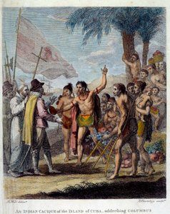 Egy indiai Cacique Kuba szigetéről üdvözli Kolumbusz Kristóf (1451-1506) és az európai katonai és egyházi képviselőket, hogy megvitassák egy új állam létrehozását. Frontispice „A nyugati brit gyarmatok polgári és kereskedelmi története alkotó: Benjamin West