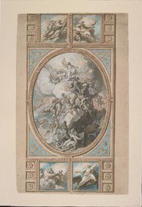 Tervezés a királyi kápolna mennyezeti dekorációjához, Windsori kastély (recto), 1779 körül (fekete kréta, toll és barna tinta és akvarell, fehér, szürke és kék testfestékkel és barna mosással kiemelve alkotó: Benjamin West