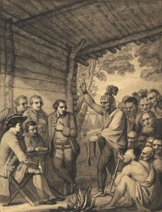 Az indiánok beszédet tartanak Bouquet ezredessel egy konferencián a tanácsi tűznél az amerikai Muskingum partján lévő tábora közelében, 1764 októberében, 1765 alkotó: Benjamin West