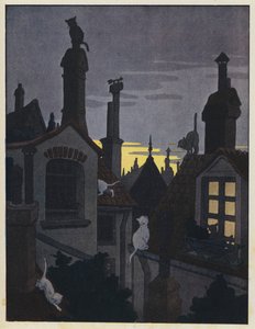 Macskák a háztetőkön éjjel alkotó: Benjamin Rabier