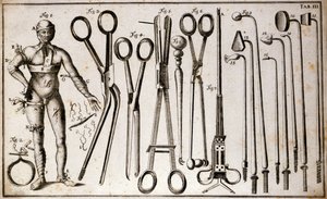 Különböző típusú csipeszek és sebészeti műszerek. Különféle tourniteket és kötszereket viselő férfi. Benoist Louis Prevost (1735-1809) által illusztrált műtéti tábla. 18. század