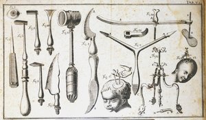 Különböző típusú sebészeti eszközöket, kalapácsot, fésűkagylót, kést ábrázoló sebészeti tábla az agy eltávolítására. Benoit Louis Prevost (1735-1809) metszete 18. század