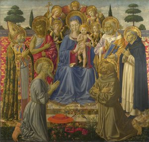 Az angyalok és szentek között trónoló Szűz és Gyermek, 1460-as évek
