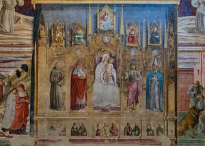 Hamis poliptichon Szűz Máriával és Gyermekével, Páduai Szent Antal, Szent Jeromos, Toulouse-i Szent János és Szent Lajos, Szent Jeromos kápolna alkotó: Benozzo di Lese di Sandro Gozzoli