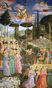 Angyalok mennyei tájban, az apszis bal oldali falán, a Bölcsek utazása ciklusból a kápolnában 1460 körül (részletet lásd 83051).