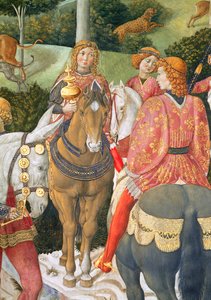 Lovasok a királyi kíséretben, részlet a Mágusok utazása ciklusból a kápolnában, 1460 körüli freskórészlet a 70601-ből alkotó: Benozzo di Lese di Sandro Gozzoli