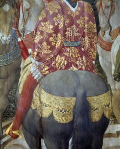 Lovas lovag fényűzőben vonzza, részlet a Mágusok imádatából (freskó alkotó: Benozzo di Lese di Sandro Gozzoli