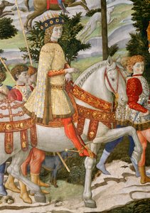 Lorenzo de Medici, a csodálatos 1449-92, mint a három királyok egyike, részlet a Mágusok utazása ciklusból a kápolnában, 1460 körüli freskórészlet a 70619-ből