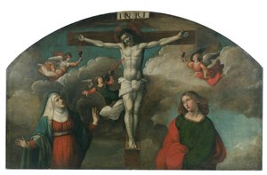 Keresztre feszítés a Szűzanyával és Keresztelő Szent Jánossal alkotó: Benvenuto Tisi da Garofalo