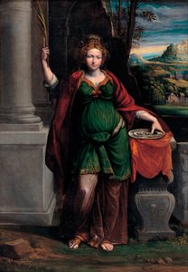 (Syracuse) Szent Lucia (IV. század eleje) kétszemű tálcával (Szent Lucy) - Benvenuto Tisi da Garofalo (Il Garolafo) festménye (1481-1559), olaj, fa, 63x44 cm