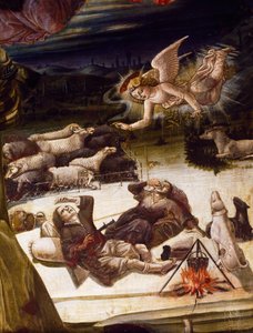 Angyal és pásztorok, részlet Benvenuto di Giovanni (1436-ca 1518) Születés oltárképéből, fára festett kép.