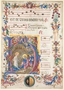 Egyetlen levél egy antifonáriából: Initial H[odie nobis] a Születéssel, 1471.