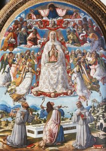 Szűz mennybemenetele Szent Tamással, aki átveszi az övet Assisi Szent Ferenc és Páduai Antal között, 1480-as évek