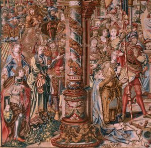 Flamand kárpit. A kitüntetések sorozat. Hit (La Fe). A sorozat első gobelinje. Modell karikaturisták Bernard van Orley és Jan Gossaert (Mabuse) köréből. Gyártás Pieter van Aelst, Brüsszel. Kb. 1550. Szövet Arany, ezüst, selyem és gyapjú.