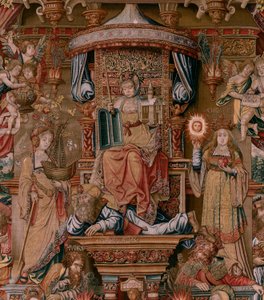 Flamand kárpit. A kitüntetések sorozat. Hit (La Fe). A sorozat első gobelinje. Modell karikaturisták Bernard van Orley és Jan Gossaert (Mabuse) köréből. Gyártás Pieter van Aelst, Brüsszel. Kb. 1550. Szövet Arany, ezüst, selyem és gyapjú.
