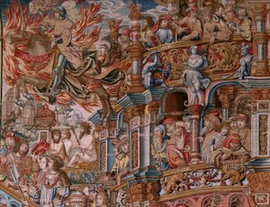 Flamand kárpit. A kitüntetések sorozat. Hírnév (La Fama). Harmadik kárpit a sorozatban. Modell karikaturisták Bernard van Orley és Jan Gossaert (Mabuse) köréből. Gyártás Pieter van Aelst, Brüsszel. Kb. 1550. Szövet Arany, ezüst, selyem és gyapjú.