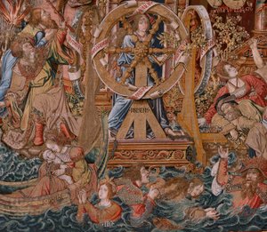 Flamand kárpit. A kitüntetések sorozat. Fortune, Út a kitüntetésekhez (La Fortuna, Camino de los Honores). A sorozat ötödik kárpitja. Modell karikaturisták Bernard van Orley és Jan Gossaert de Mabuse köréből. Gyártás Pieter van Aelst, Brusse