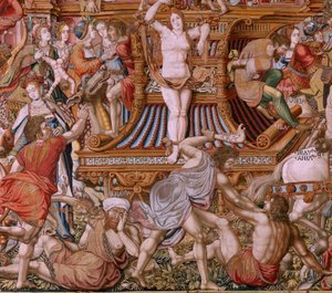 Flamand kárpit. A kitüntetések sorozat. Infamy (La Infamia). A sorozat hatodik kárpitja. Modell karikaturisták Bernard van Orley és Jan Gossaert (Mabuse) köréből. Gyártás Pieter van Aelst, Brüsszel. Kb. 1550. Szövet Arany, ezüst, selyem és gyapjú.