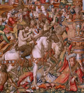 Flamand kárpit. A kitüntetések sorozat. Infamy (La Infamia). A sorozat hatodik kárpitja. Modell karikaturisták Bernard van Orley és Jan Gossaert (Mabuse) köréből. Gyártás Pieter van Aelst, Brüsszel. Kb. 1550. Szövet Arany, ezüst, selyem és gyapjú.