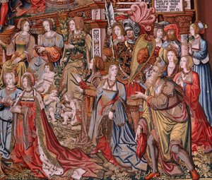 Flamand kárpit. A kitüntetések sorozat. Igazságszolgáltatás (La Justicia, Los Honores). Kilencedik kárpit a sorozatban. Modell karikaturisták Bernard van Orley és Jan Gossaert (Mabuse) köréből. Gyártás Pieter van Aelst, Brüsszel. 1550 körül. Szövet Arany, 