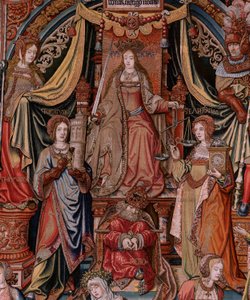 Flamand kárpit. A kitüntetések sorozat. Igazságszolgáltatás (La Justicia, Los Honores). Kilencedik kárpit a sorozatban. Modell karikaturisták Bernard van Orley és Jan Gossaert (Mabuse) köréből. Gyártás Pieter van Aelst, Brüsszel. 1550 körül. Szövet Arany, 