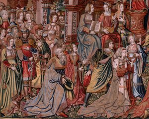 Flamand kárpit. A kitüntetések sorozat. Igazságszolgáltatás (La Justicia, Los Honores). Kilencedik kárpit a sorozatban. Modell karikaturisták Bernard van Orley és Jan Gossaert (Mabuse) köréből. Gyártás Pieter van Aelst, Brüsszel. 1550 körül. Szövet Arany, 