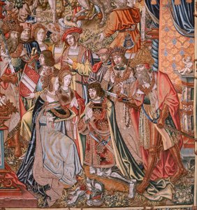 Flamand kárpit. Sorozat The Honours; Nemesség (La Nobleza). A sorozat negyedik kárpitja. Modell karikaturisták Bernard van Orley és Jan Gossaert (Mabuse) köréből. Gyártás Pieter van Aelst, Brüsszel. 1550 körül. Szövet Arany, ezüst, selyem és gyapjú