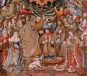 Flamand kárpit. Sorozat The Honours; Nemesség (La Nobleza). A sorozat negyedik kárpitja. Modell karikaturisták Bernard van Orley és Jan Gossaert (Mabuse) köréből. Gyártás Pieter van Aelst, Brussels.Ca 1550. Szövet Arany, ezüst, selyem és gyapjú