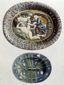 Isten megteremti Ádám combjának Évát; Gyík – Kerámia edények, C. Delange és C. Borneman „Bernard Palissy munkája”, Párizs