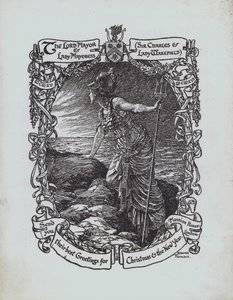Tengerre néző Britannia, első világháborús karácsonyi üdvözlőlap London polgármesterétől és Lady Mayoresstől, Sir Charles és Lady Wakefield