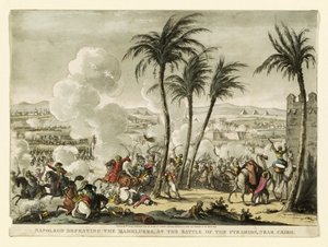 Napóleon legyőzi a mamelukokat a piramisok csatájában, Kairó közelében, vésette George Cruikshank (1769-1823), kocsma. 1823 (kézzel színezett metszet)