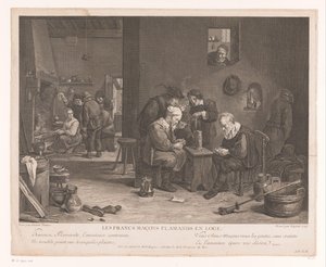 Fogadó belső kártyajáték figurákkal Les Francs Maçons Flamands en Loge (cím a tárgyon) alkotó: Bernard François Lépicié