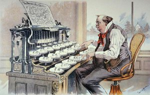 The Administration Typewriter, rajzfilm a Judge magazin számára, amely Grover Clevelandet mutatja, amint platformját építi második hivatali idejére