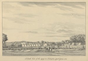 Déli nézet a Hampton Court Green-i táborról 1731, 1731-33 (toll és fekete tinta és mosás fektetett papíron) alkotó: Bernard III Lens