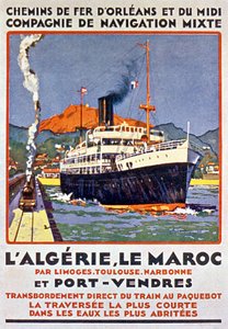 Reklámplakát a francia vasútvonal számára, amely Franciaországból Limoges-on, Toulouse-on, Narbonne-on és Port Vendres-en keresztül Algériába és Marokkóba tart, 1900 körül. alkotó: Bernard Lachevre