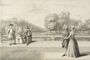 Figurák a Long Water partján, Hampton Court Palace (szürke mosás tollal és tintával, ceruzával papíron) alkotó: Bernard Lens