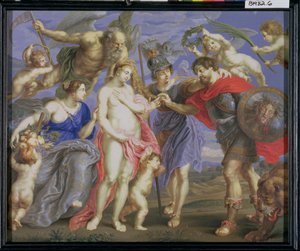 A Mars, amelyet Minerva mutatott be az alkalomnak, Ceres kíséretében, Peter Paul Rubens (1577-1640) festménye nyomán (testszín és gumi héjon a panel köré tekert)