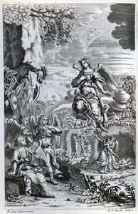 Uriel arkangyal tájékoztatja Gabrielt, hogy a Sátán az Éden kertjében van, illusztráció John Milton „Elveszett paradicsom” című művéből, P. P. Bouche metszet, hatodik kiadás, 1695