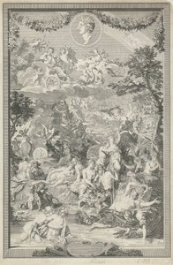 Allegorikus címlap Ovidius metamorfózisainak különböző jeleneteivel és portréjával alkotó: Bernard Picart