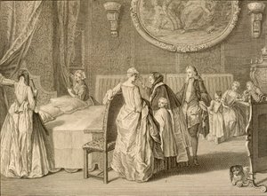 A házassági ágy megáldása, illusztráció a „Vallási szertartások és szokások” című könyvből, 1724 alkotó: Bernard Picart