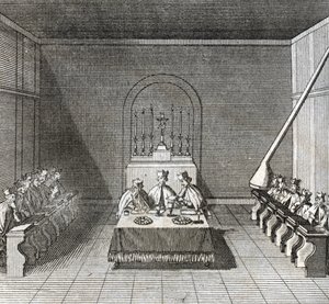 A konklávé különböző szakaszai, bíborosok találkozója új pápaválasztásra: az új pápa megválasztása a konklávé során a Sixtusi (Sisztinai) kápolnában, Vatikán: a bíborosok szavazólapjai a pápaválasztáshoz) Metszet a „ Illustr alkotó: Bernard Picart